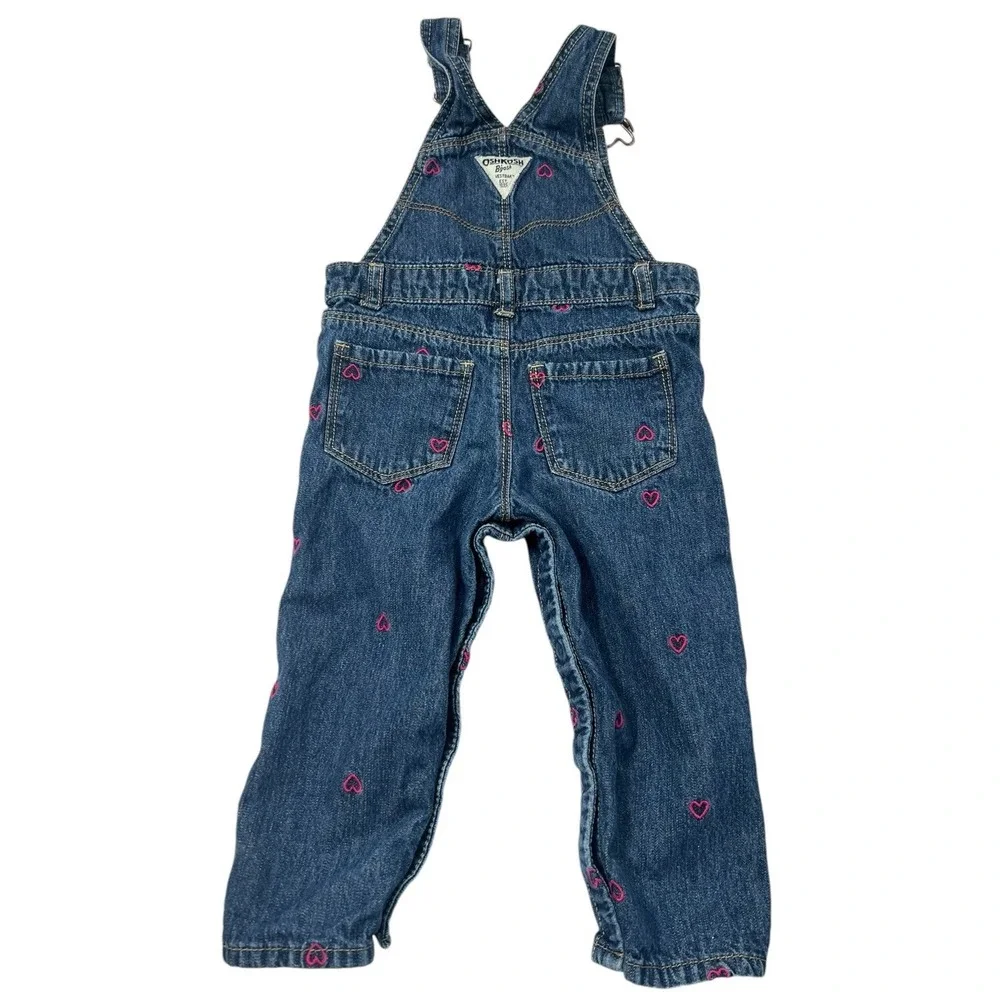 Bib Overalls Osh Kosh B'Gosh Girls Size 18 Months Toddler Blue Denim Pink Hearts